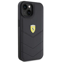 Ferrari dygsniuotas metalo logotipa dėklas iPhone 15 – juodas