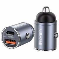 USAMS Automobilinis įkroviklis 1xUSB+1xUSB-C C38 30W PD Fast Charge su integruotu žiedu violetinis CC206CC02 (US-CC206)