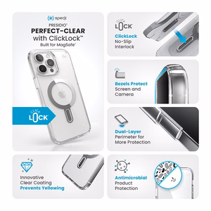 Speck Presidio Perfect-Clear dėklas su MagSafe ir ClickLock, skirtas iPhone 16 Pro Max, „Clear/Chrome“