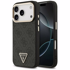 Guess PU Leather 4G Strass Triangle Logo Gold Frame MagSafe dėklas Apple iPhone 18 Pro, juodas