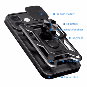 Hybrid Armor Camshield šarvuotas dėklas telefonui iPhone 16 Plus su kameros dangteliu ir stovu - juodas