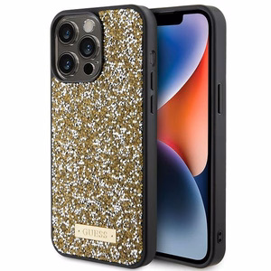 Guess Rhinestone Metal Logo dėklas telefonui iPhone 15 Pro Max - geltonas