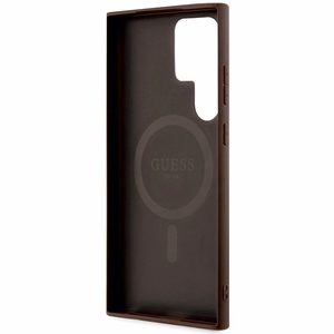 Guess 4G Collection Leather Metal Logo MagSafe dėklas telefonui Samsung Galaxy S24 Ultra - rudas