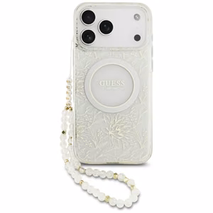 Guess IML MagSafe dėklas su gėlių raštu, metalizuota apdaila ir perlų dirželiu, skirtas iPhone 18 Pro Max / 17 Pro Max, baltas