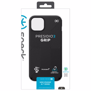Speck Presidio2 Grip case for iPhone 15 Plus / 14 Plus, with non-slip grip, Black / Black / White