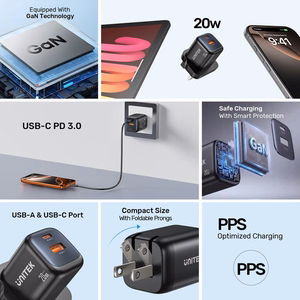 Unitek GaN tinklo įkroviklis USB-A ir USB-C 20W juodas