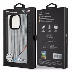 BMW M perforuota trispalvė linija Magnetinis dėklas iPhone 16 Pro - pilkas