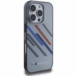 BMW Motosport IML atsitiktinės juostos iPhone 16 Pro dėklas - pilkas