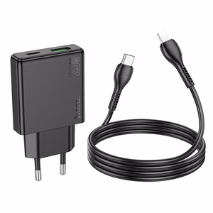Įkroviklis telefonui Hoco Slim USB A + USB C QC3.0 PD 3A 20W + kabelis USB C į Lightning N38 juodas