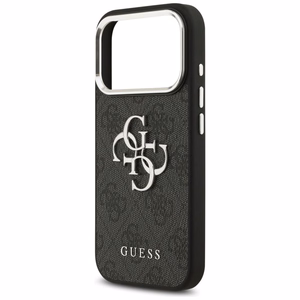 GUESS dėklas telefonui IPHONE 17 Pro GUHCP17LP4G4SMCK (4G PU odos dėklas su dideliu 4G ir klasikiniu logotipu bei sidabriniu metaliniu kameros rėmeliu) juodas