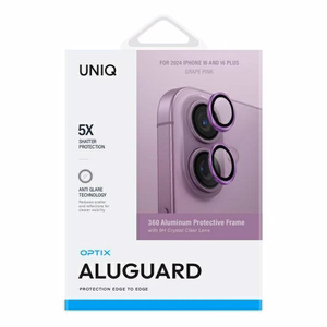 Uniq Optix aliuminio kameros objektyvo apsauginis stiklas su aplikatoriumi iPhone 16 / iPhone 16 Plus - rožinė