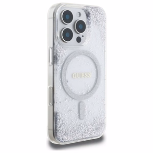 Guess dervos gradientinis blizgus magnetinis dėklas iPhone 16 Pro telefonui – sidabrinis