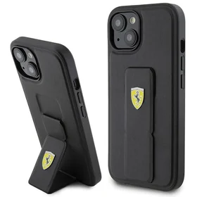 Ferrari Grip Stand Metal Logo dėklas iPhone 15 – juodas
