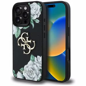 Guess Grained Roses Big 4G logo dėklas telefonui iPhone 16 Pro - juodas