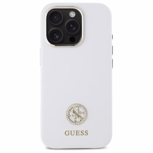 Guess Silikoninis Logo Strass 4G Dėklas iPhone 16 Pro - baltas