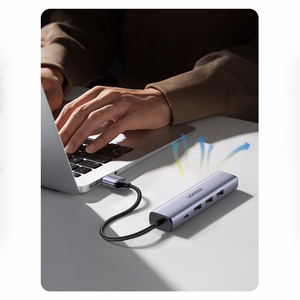 Ugreen CM475 daugiafunkcis šakotuvas USB 3.0 - 3x USB / Ethernet RJ-45 / USB Type-C PD - pilkas