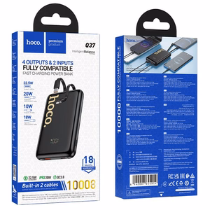 Išorinė baterija Hoco 10000 mAh QC PD 22,5W su integruotais laidais USB C + Lightning Q37 juoda