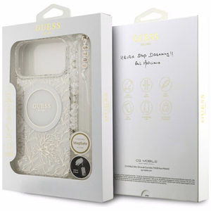 Guess IML Gėlių Electro Pearl Dirželis Magnetinis dėklas telefonui iPhone 17 Pro Max - balta