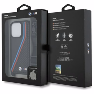 BMW M leidimas anglies trispalvės linijos ir dirželis dėklas iPhone 16 Pro - juodas