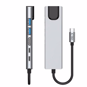 "Tech-Protect" HB02 HUB adapteris 6in1 USB-C + USB2.0 + USB3.0 + HDMI 4K 30Hz + RJ45 + PD100W - pilkas
