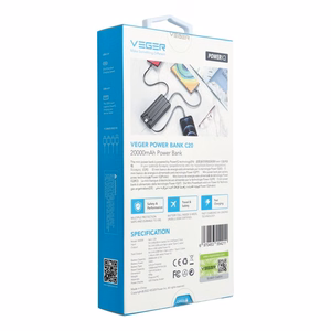 VEGER Išorinė baterija 20000 mAh su įmontuotu kabeliu Micro USB / Type C / Lightning C20 (W2047 / W2059) juoda
