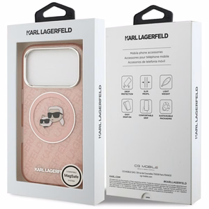 Karl Lagerfeld IML blizgantis Karl & Choupette galvų logotipo magnetinis dėklas telefonui iPhone 17 Pro - rožinis