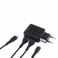 Energizer HardCase - 2x USB-A 12W mains įkroviklis + USB-C & Micro USB laidas (juodas)