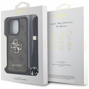 Guess 4G Big Logo Cord Stap dėklas telefonui iPhone 16 Pro - rudas