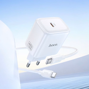 Telefono GaN įkroviklis Hoco USB C PD AVS 40W max 60W su USB C į USB C laidu N83 baltas