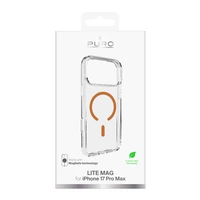 Puro Lite Mag TPU+PC dėklas telefonui suderinamas su MagSafe iPhone 17 Pro Max - skaidrus su oranžiniu žiedu