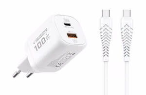 Telefono įkroviklis VEGER USB A + Type C PD Super Charge PPS 100W + duomenų kabelis Type C į C 240W TR150 baltas