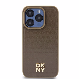 DKNY Odinis monogramos rašto metalinis logotipas Magnetinis dėklas iPhone 15 Pro - ruda