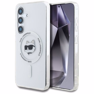 Dėklas Karl Lagerfeld Mygtukas Choupette Galva Spausdintas Logotipas Magnetinis Samsung Galaxy S25 balta