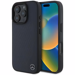 Mercedes MB MagSafe dėklas iPhone 16 Pro Max iš odos, imitacijos medžio - Tamsiai mėlynas