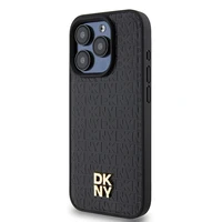 DKNY Odinis monogramos rašto metalinis logotipas Magnetinis dėklas iPhone 15 Pro - juoda
