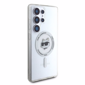 Karl Lagerfeld mygtukinis Choupette Head atspausdintas logotipas Magnētinis Samsung Galaxy S25 Ultra dėklas baltas