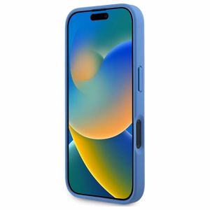 Guess Odinis Crossbody dėklas telefonui iPhone 16 su metaliniu logotipu ir Strass - mėlynas