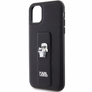 Karl Lagerfeld Gripstand Saffiano Karl&Choupette Pins dėklas telefonui iPhone 11 / Xr - juodas