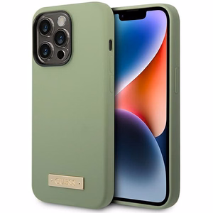 Guess silikoninis logotipo plokštė MagSafe dėklas telefonui iPhone 14 Pro Max – žalias