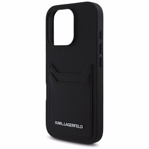 Karl Lagerfeld HC Grūdinto PU dėklas su kortelių skyriumi ir metaliniu Elong iPhone 16 Pro - juodas