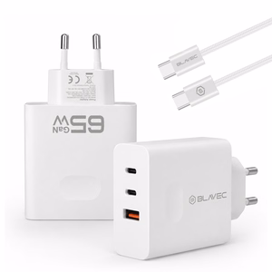 Blavec sieninis įkroviklis BC-11 GaN - USB + 2xType C - QC PD 65W 3A su Type C į Type C laidu (TCBC11G-U2CW653A) baltas