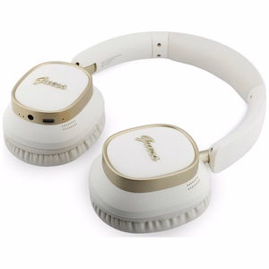 Belaidės ausinės Guess ENC Rectangle Metal Script, baltos