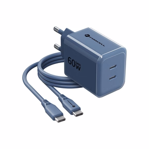 Telefono įkroviklis Forcell F-Energy GaN III Crystal Color, 2x USB C, AVS, SSFC3.0, 60W + silikoninis laidas USB C į USB C VT-60, tamsiai mėlynas