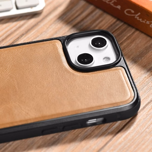 iCarer odinis Oil Wax dėklas, padengtas natūralia oda, telefonui iPhone 14 Plus rudas (WMI14220719-TN)