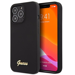 Guess GUHMP13LLSLMGBK dėklas telefonui iPhone 13 Pro / 13 6.1" juodas kietas silikoninis su auksiniu logotipu MagSafe