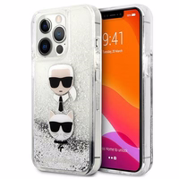Karl Lagerfeld Skystas Glitter Karl&Choupette Galvos dėklas iPhone 13 Pro Max - sidabrinis