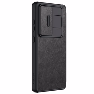 Nillkin Qin Pro dėklas telefonui Samsung Galaxy S25 Ultra su atvartu ir kameros dangteliu - Juodas