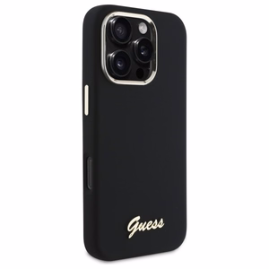 "Guess" silikoninis korpusas su metaliniu logotipu ir rėmeliu, skirtas "iPhone 16 Pro" - juodas