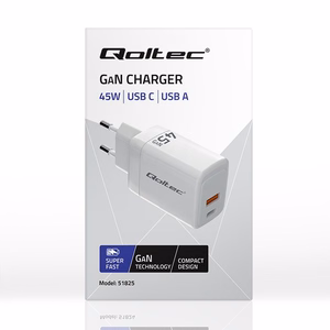 Qoltec 51825 GaN 45 W įkroviklis | 5–20 V | 1,5–3 A | 1 x USB-C PD | 1 x USB QC 3.0 | Baltas