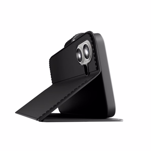 Puro dėklas telefonui su stovu iPhone 17 pagamintas iš ekologiškos odos, su atvartu, pinigine ir stovo funkcija - juodas